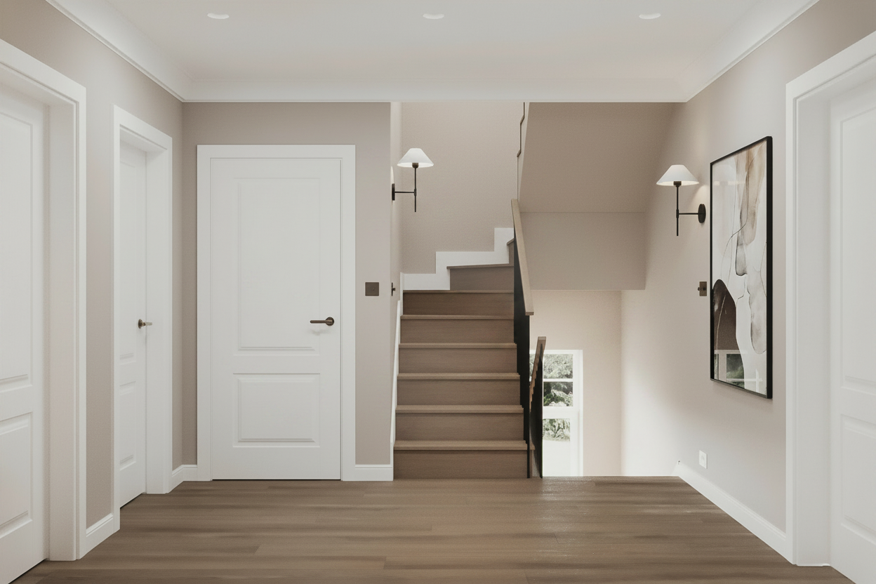 Upper landing framed by paired sconces and considered artwork, quietly composed above the stair return