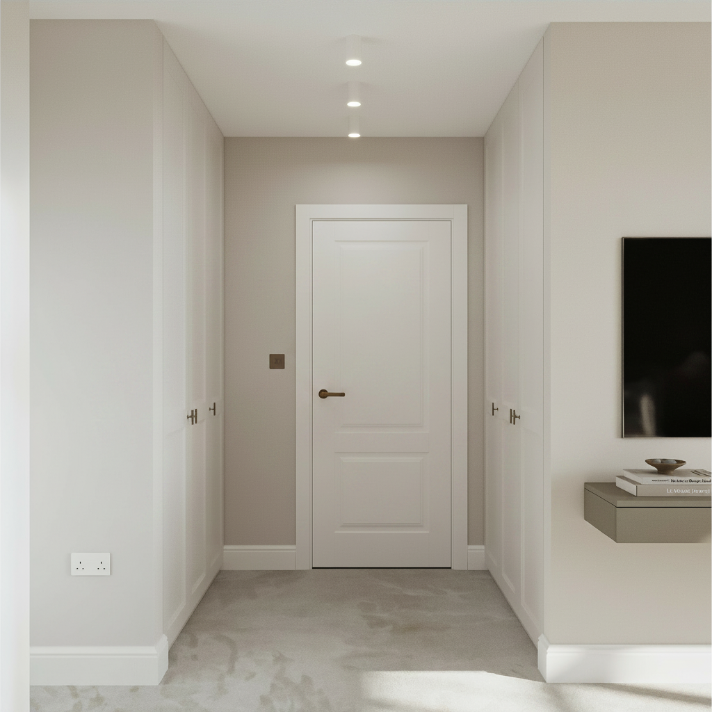 Dressing lobby lined in quiet joinery, a considered transition from the landing into the principal suite