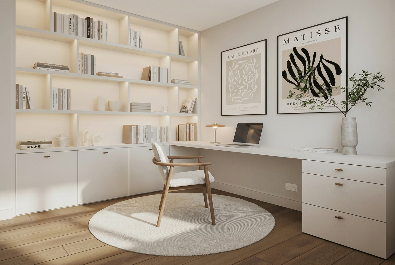 Study wrapped in warm timber joinery, with a leather-topped desk, integrated shelving and a considered pool of task light