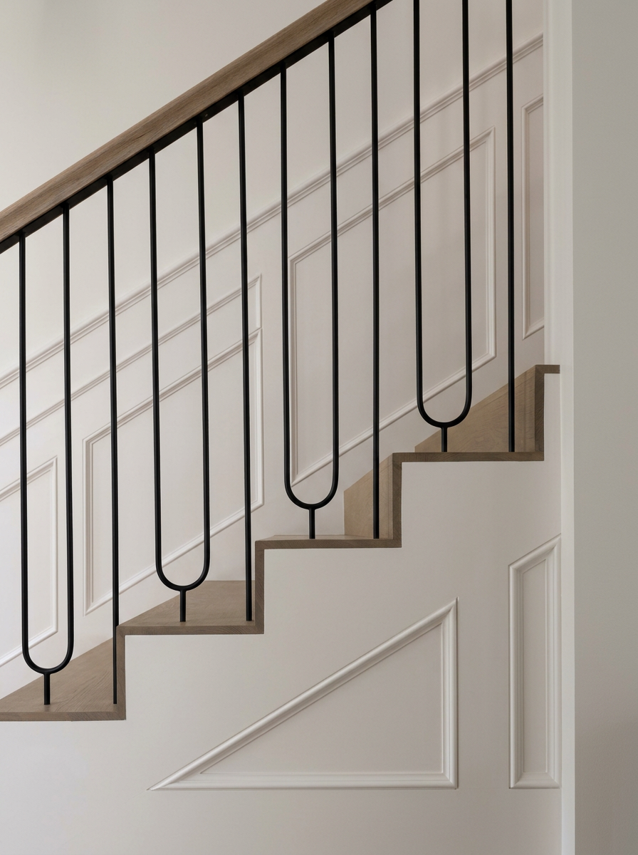 Bespoke stair balustrade in slender black tulip spindles, set against a panelled skirt and hand-finished oak treads