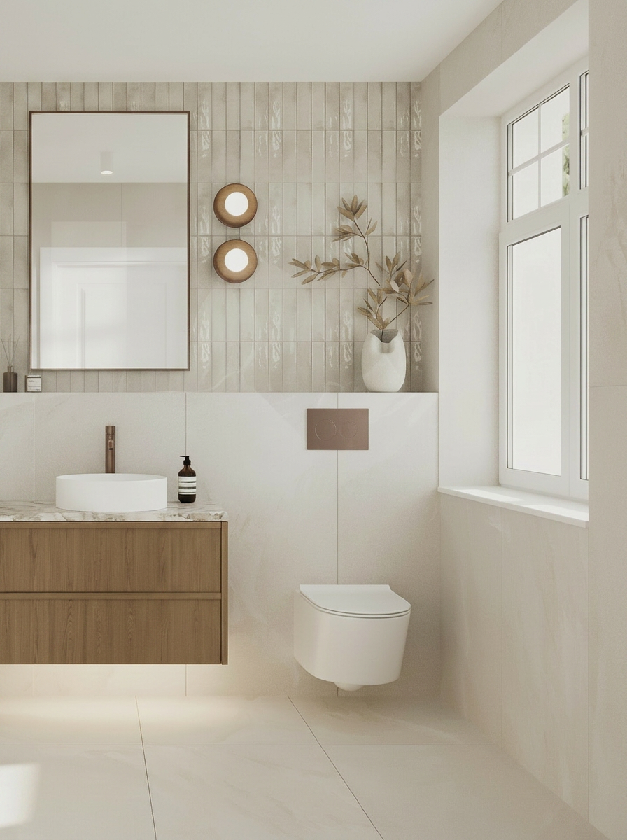 Ground floor cloakroom in fluted cream tile, with an oak floating vanity, round stone basin and paired brass wall lights