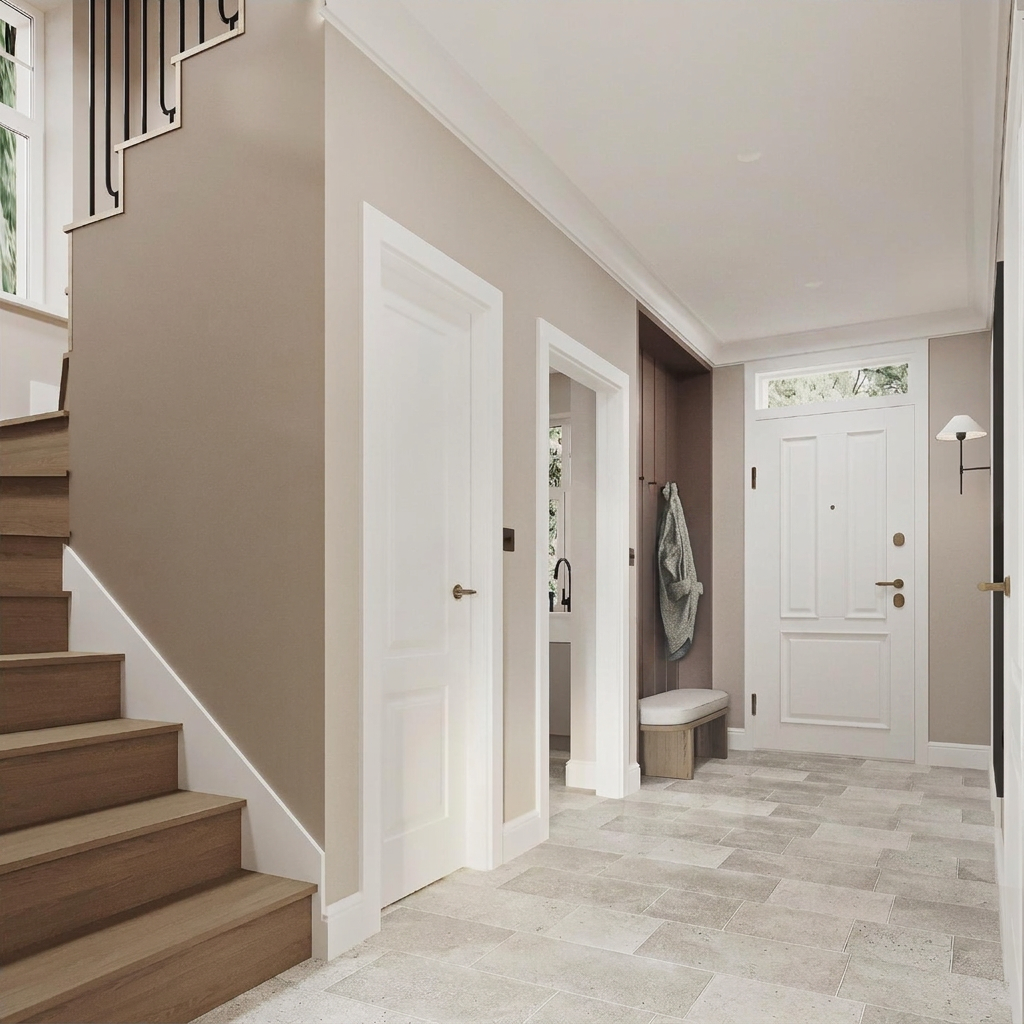 Arrival hallway in warm taupe plaster and travertine tile, with a panelled front door, cushioned bench and a slender wall sconce