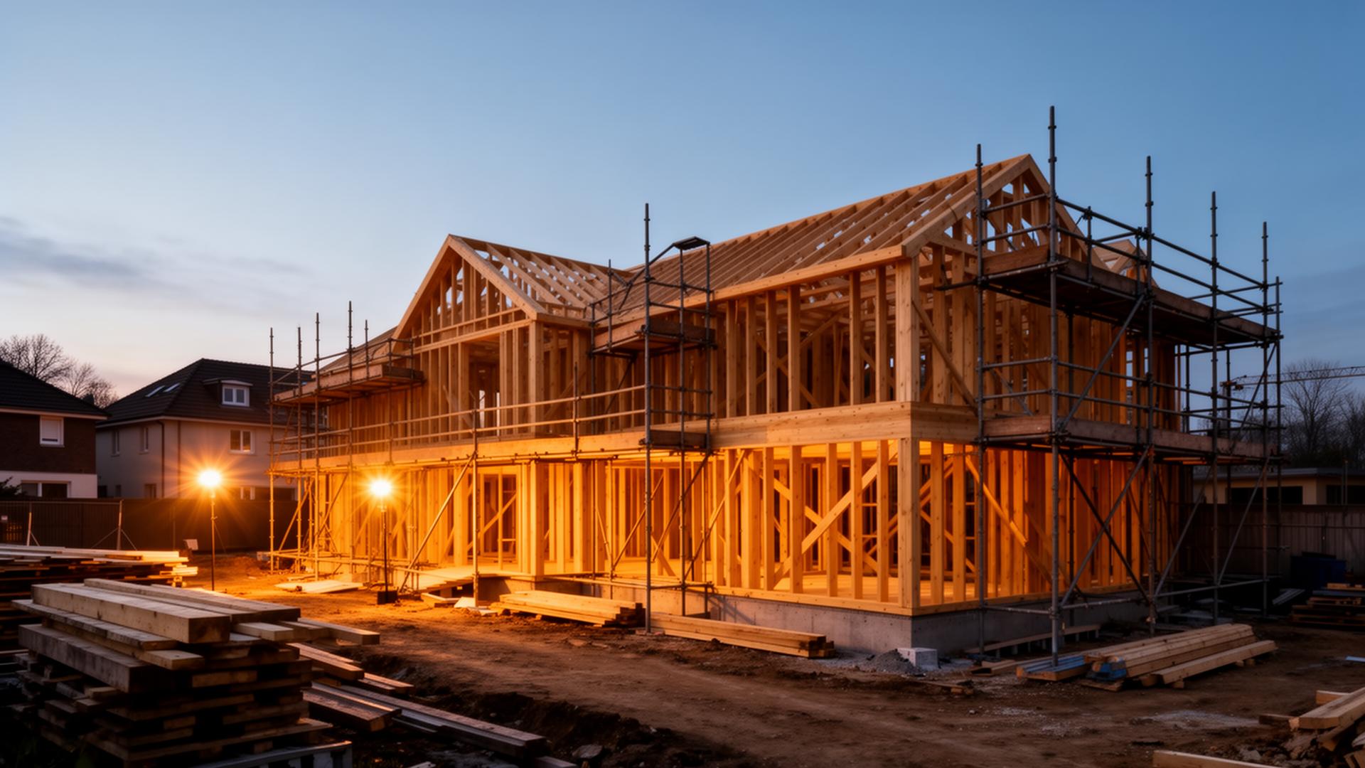 Pomona Grove timber frame at dusk, scaffolded and lit on site